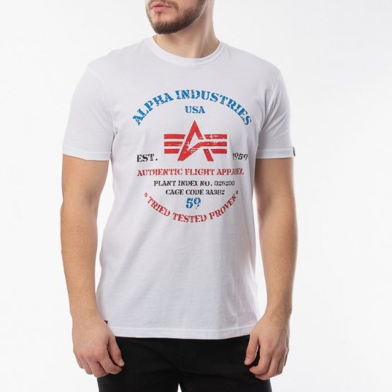 חולצת T אלפא אינדסטריז לגברים Alpha Industries Authentic Print - לבן