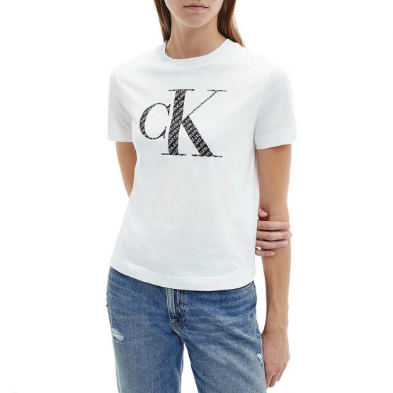 חולצת T קלווין קליין לנשים Calvin Klein Satin Bonded Filled - לבן/שחור