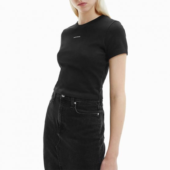 חולצת T קלווין קליין לנשים Calvin Klein Micro Branding Crop Rib Top - שחור