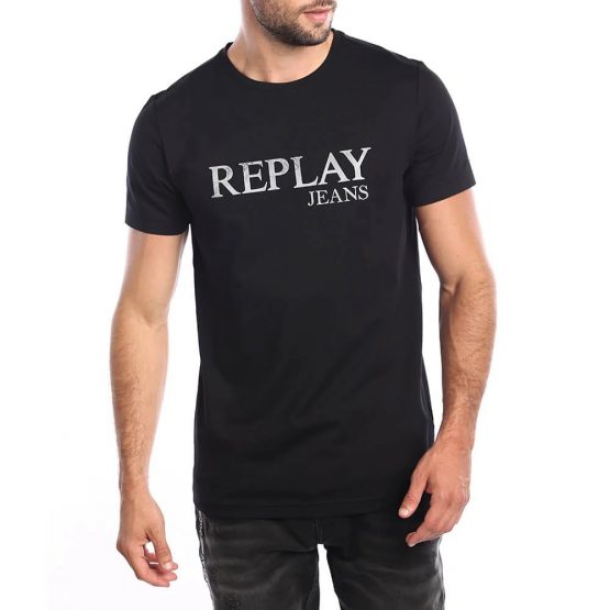 חולצת T ריפליי לגברים REPLAY Metallic logo - שחור