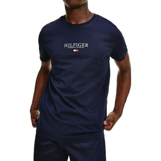 חולצת T טומי הילפיגר לגברים Tommy Hilfiger Contrast Tape Logo - כחול כהה