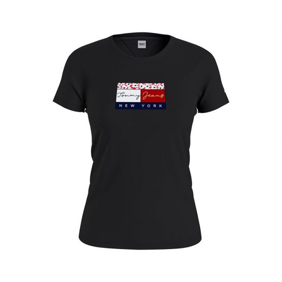 חולצת T טומי הילפיגר לנשים Tommy Hilfiger Floral Flag - שחור