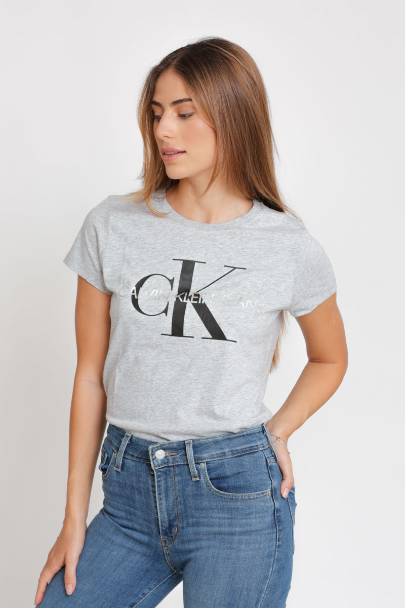 חולצת T קלווין קליין לנשים Calvin Klein Large Logo - אפור