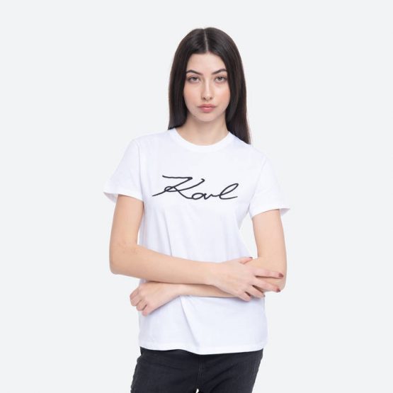 חולצת טי שירט קרל לגרפלד לנשים Karl Lagerfeld Logo Rhinestone - לבן