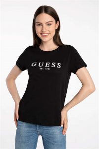 חולצת T גס לנשים Guess ROLL CUFF - שחור