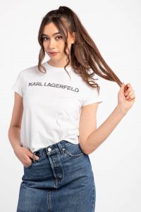 חולצת T קרל לגרפלד לנשים Karl Lagerfeld ELONGATED ZEBRA LOGO T SHIRT 221W1725 100 - לבן