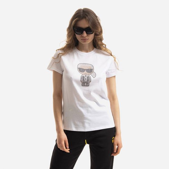 חולצת טי שירט קרל לגרפלד לנשים Karl Lagerfeld Ikonik Rhinestone Karl - לבן