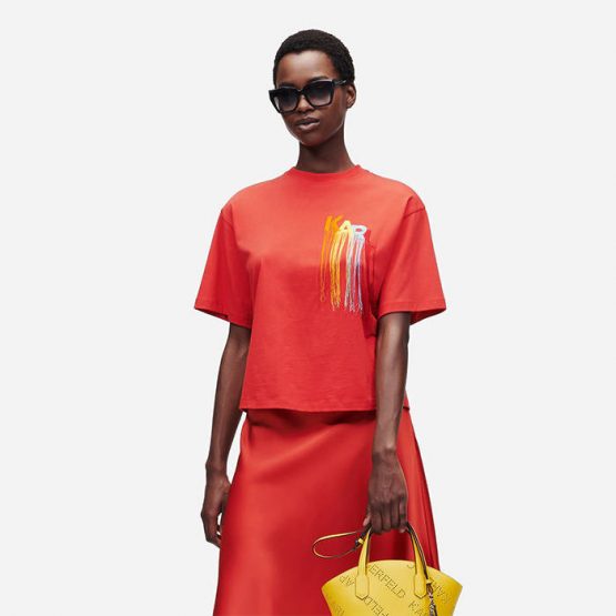 חולצת טי שירט קרל לגרפלד לנשים Karl Lagerfeld Fringe logo embroidered - כתום