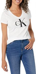 חולצת טי שירט קלווין קליין לנשים Calvin Klein Foil Monogram Logo Short Sleeve T-shirt - לבן/שחור