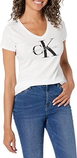 חולצת T קלווין קליין לנשים Calvin Klein Foil Monogram Logo Short Sleeve T-shirt - לבן/שחור