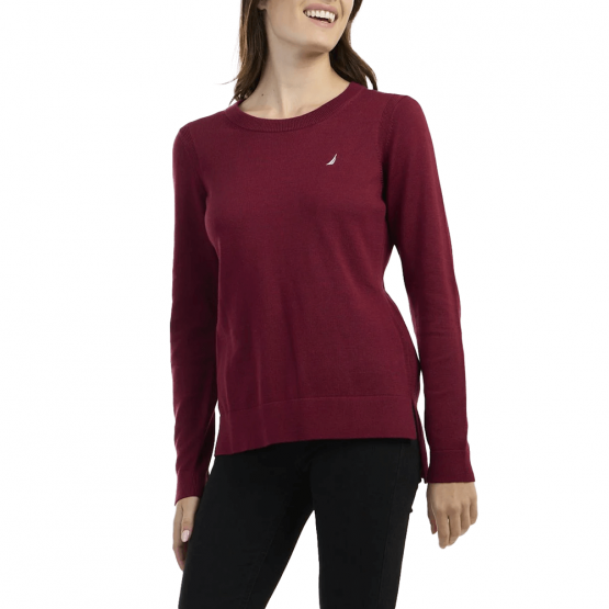 חולצת טי שירט ארוכות נאוטיקה לנשים Nautica Crew Neck Logo - בורדו