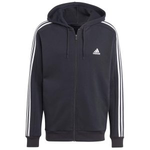 ג'קט ומעיל אדידס לגברים Adidas Essentials Fleece 3-Stripes FZ Hoodie - שחור/לבן